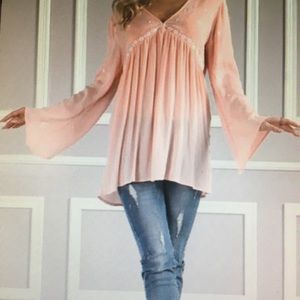 Pink Embroidered Bell-Sleeved V-Necked Tunic